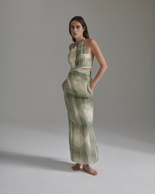 San Agustin Pleated Linen Midi Dress / Green Stripes